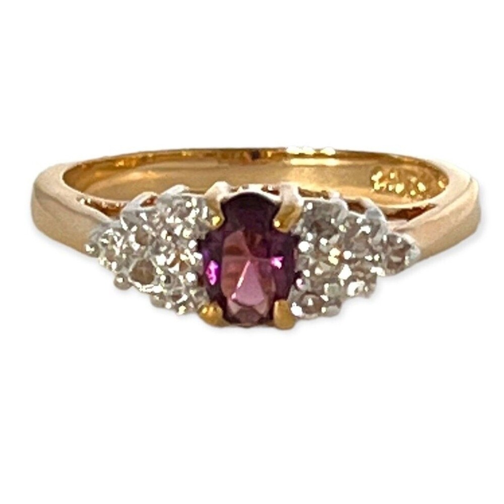 Vintage 1970s Cocktail Ring Size 8 Purple CZ Cluster Prong Set Gold Plated - 14Z